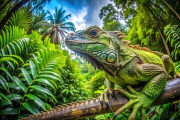 Obraz premium Large Green Iguana Relaxing on a Branch Surrounded by Lush Tropical Foliage in Natural Habitat