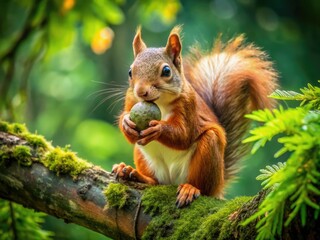Obraz premium Large Squirrel Sitting on a Tree Branch with a Nut in Its Mouth in a Lush Green Forest Setting