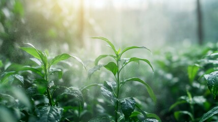 Naklejka premium Lush Green Foliage with Fine Mist Spray in Sunlight