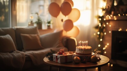 Cozy living room with birthday cake and gifts for a solo celebration
