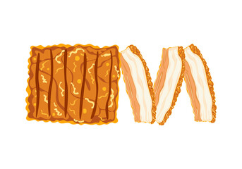 Set of vector illustrations, flat design, delicious food. Thai food. Crispy pork. Crispy fried pork belly  Sliced Cooking from the top view Isolated from the background, recipe, menu, restaurant.
