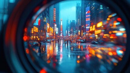 A view of a bustling city street through a camera lens, with blurred lights and reflections in the wet pavement.