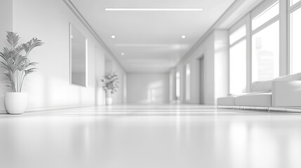 Fototapeta premium A spacious, white office interior with a blurred focus, suitable as a background image. 