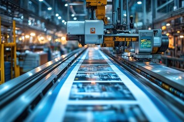 A robotic arm moves along a conveyor belt in a printing factory, sorting and organizing printed sheets.