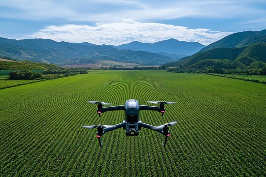 A high-tech rural farm where drones assist farmers, with tourists observing how technology and nature combine to create the future of agriculture