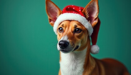 Photorealistic Basenji dog with Christmas cap on a right side of a jade color background looking in...