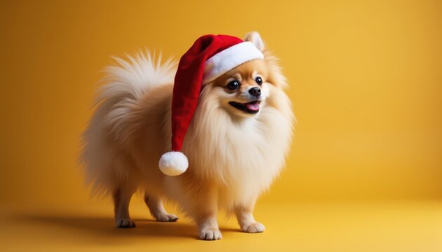Photorealistic Pomeranian dog with Christmas cap on a right side of a gold color background looking in camera, only top of body, detailed
