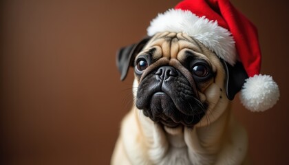 Photorealistic Pug dog with Christmas cap on a right side of a bronze color background looking in camera, only top of body, detailed