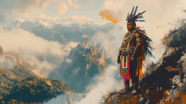 Indigenous inca warrior standing on a mountain side, generative ai portrait. Incan Empire. Illustration