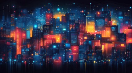 A futuristic city skyline with glowing neon lights and digital displays.