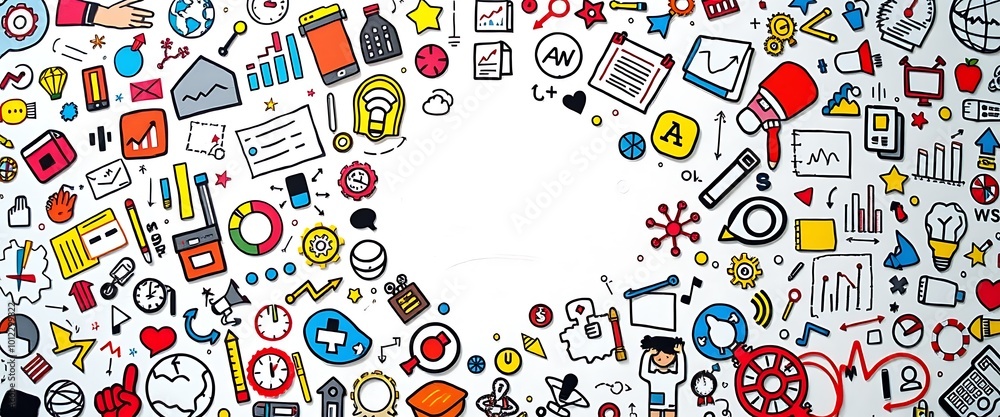 Poster a surrounded by colorful doodles, with an abstract background showing business icons like graphs or 