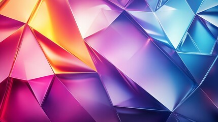 Obraz premium Abstract background with geometric shapes and color gradients. 3D effect with metallic neon light elements. Grungy grain texture. Suitable for web banners, templates, and wide panoramic designs. 