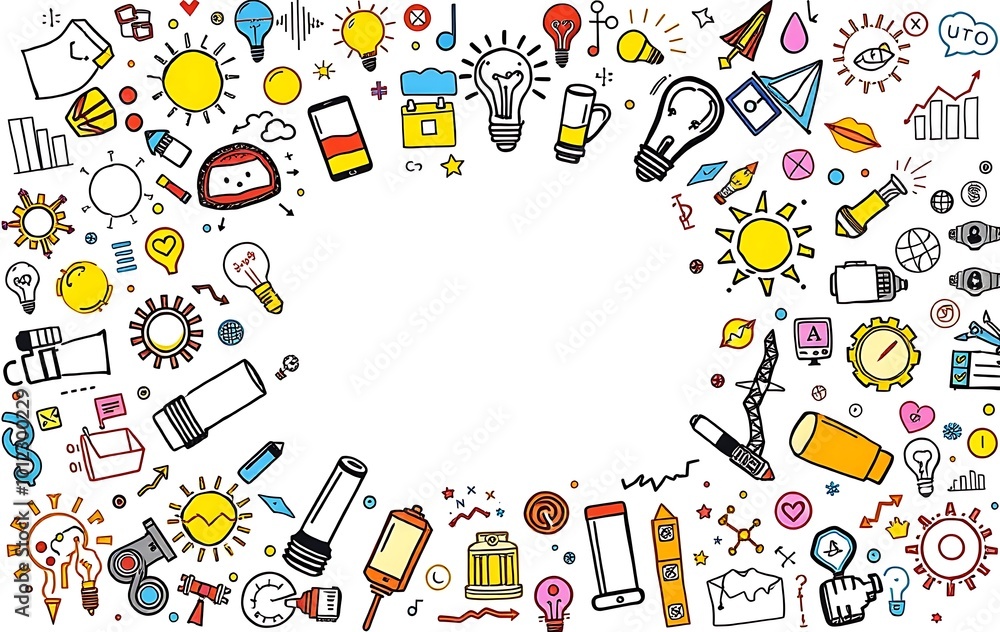 Poster a surrounded by colorful doodles representing ideas and innovation, with an abstract background show