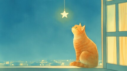 A Christmas Cat perched on a windowsill, gazing at a glowing star hanging in the night sky, watercolor illustration