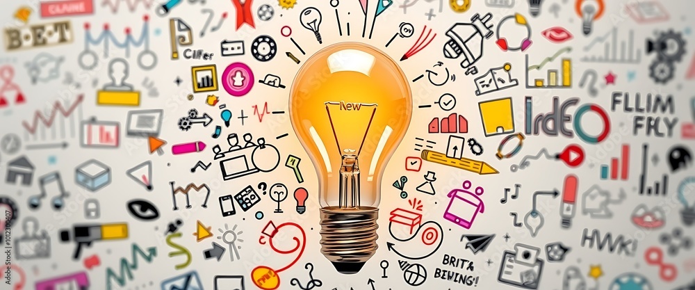 Poster a light bulb surrounded by colorful doodles representing ideas and innovation, with an abstract back