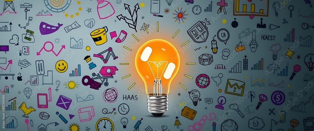 Poster a light bulb surrounded by colorful doodles representing ideas and innovation, with an abstract back