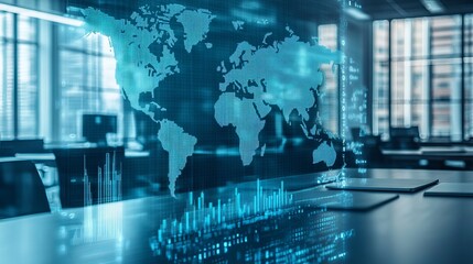 Fototapeta premium Abstract creative financial graph and world map on a modern furnished classroom background, financial and trading concept. Multiexposure 