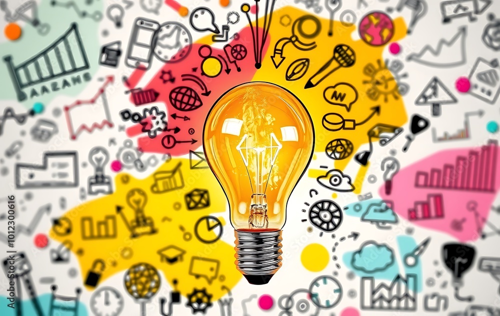 Aufkleber a light bulb surrounded by colorful doodles representing ideas and innovation, with an abstract back
