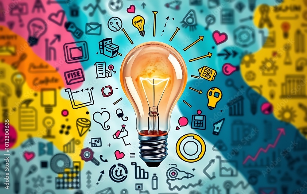 Aufkleber a light bulb surrounded by colorful doodles representing ideas and innovation, with an abstract back