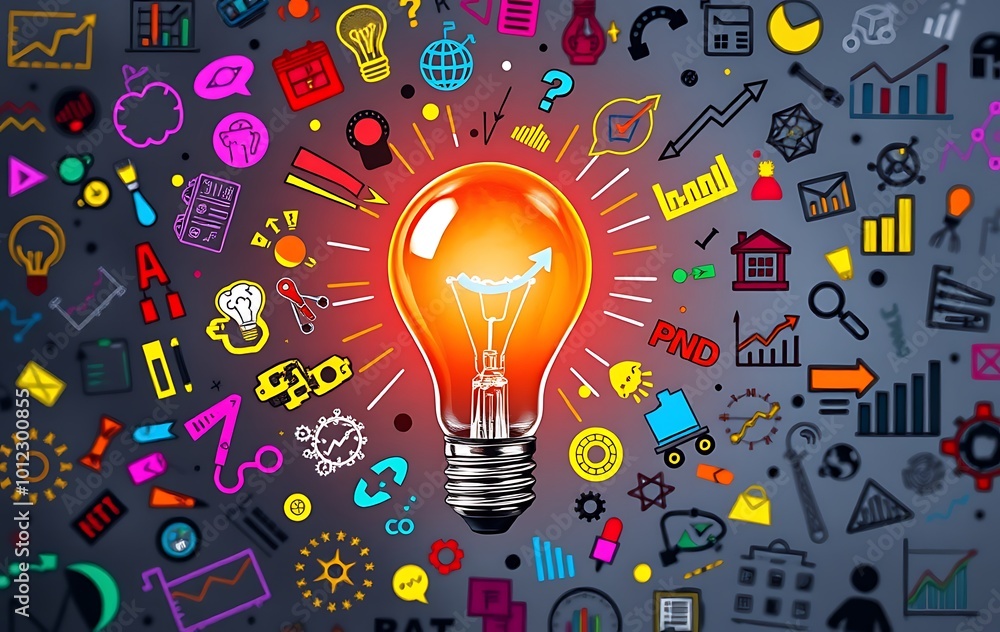 Poster a light bulb surrounded by colorful doodles representing ideas and innovation, with an abstract back