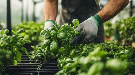 Naklejka premium Close-up of a Hand Holding a Basil Plant in a Greenhouse