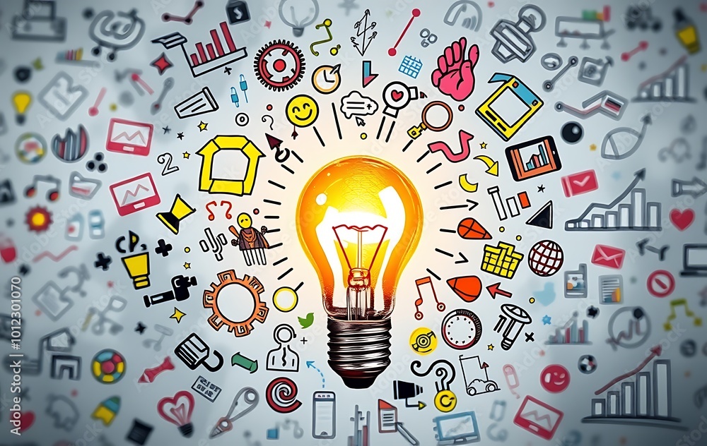 Poster a light bulb surrounded by colorful doodles representing ideas and innovation, with an abstract back