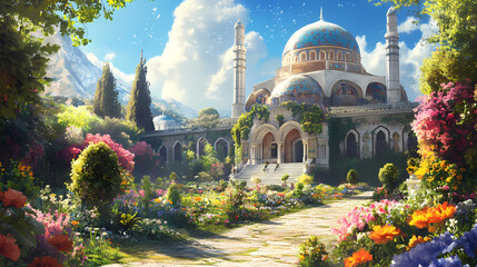 Fototapeta premium Lush gardens surround an ornate ottoman palace, showcasing vibrant flowers and greenery. Ottoman Palace. Illustration