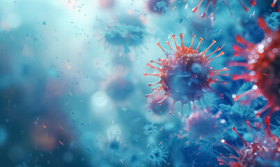Close-up of virus particles floating in microscopic view, colored in pink and blue hues, representing pathogens or cells in biological environment