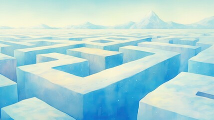 Mysterious winter maze made of ice, glowing pathways leading deeper into the snow, watercolor illustration