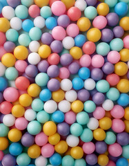 Obraz premium Many bright random pastel colored soft balls background. Colorful balls background for kids zone or children's playroom. Top view of huge pile of colorful balls in different sizes. Vector illustration