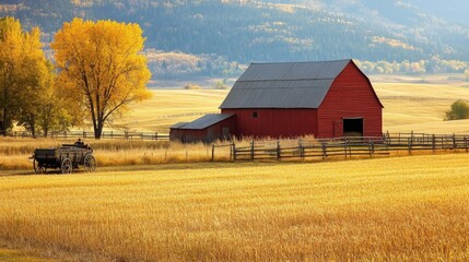 Obraz premium Red Barn in a Field of Golden Wheat with a Horse-Drawn Wagon