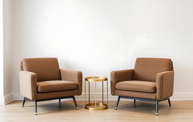 Modern interior with armchairs and brass side table against wall background. Minimalist home design.	
