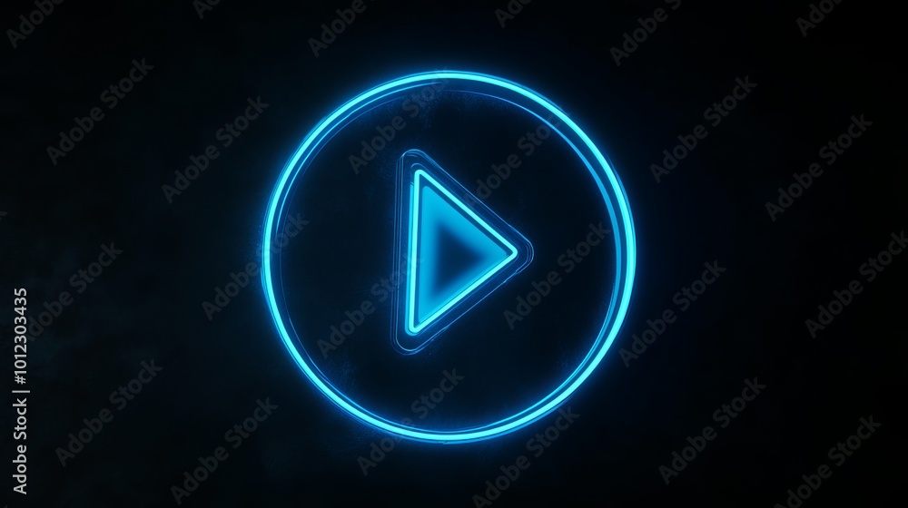 Fototapete animated neon play button in blue on a black background. the button is in a neon style, reminiscent 