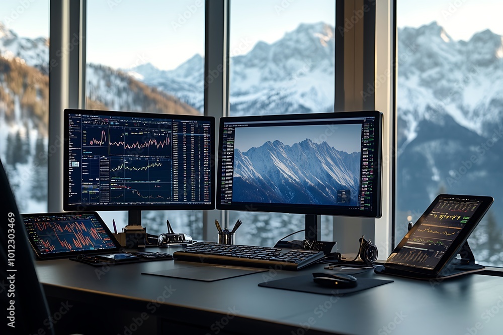 Poster modern workspace with multiple monitors, laptops, and tablet on desk with mountain view from large w