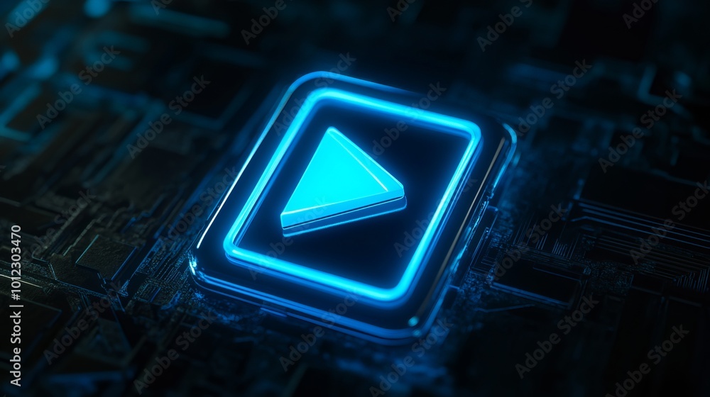 Fototapete animated neon play button in blue on a black background. the button is in a neon style, reminiscent 