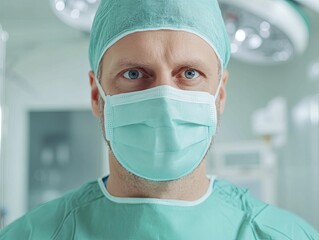 Doctor preparing for a surgical procedure, in a sterile operation room equipped with advanced tools, highlighting medical procedure photography