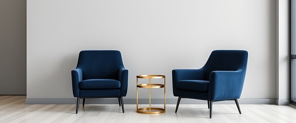 Modern interior with dark blue armchairs and brass side table against grey wall background. Minimalist home design.	
