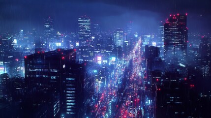 Fototapeta premium As night's embrace cloaked the city, the vibrant lights of urban life shimmered like ethereal stars against the velvety canvas of the sky. The rhythmic dance of countless vehicles
