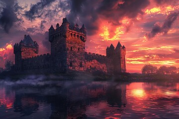 Fototapeta premium A castle is reflected in the water, with the sun setting in the background,generative ai image