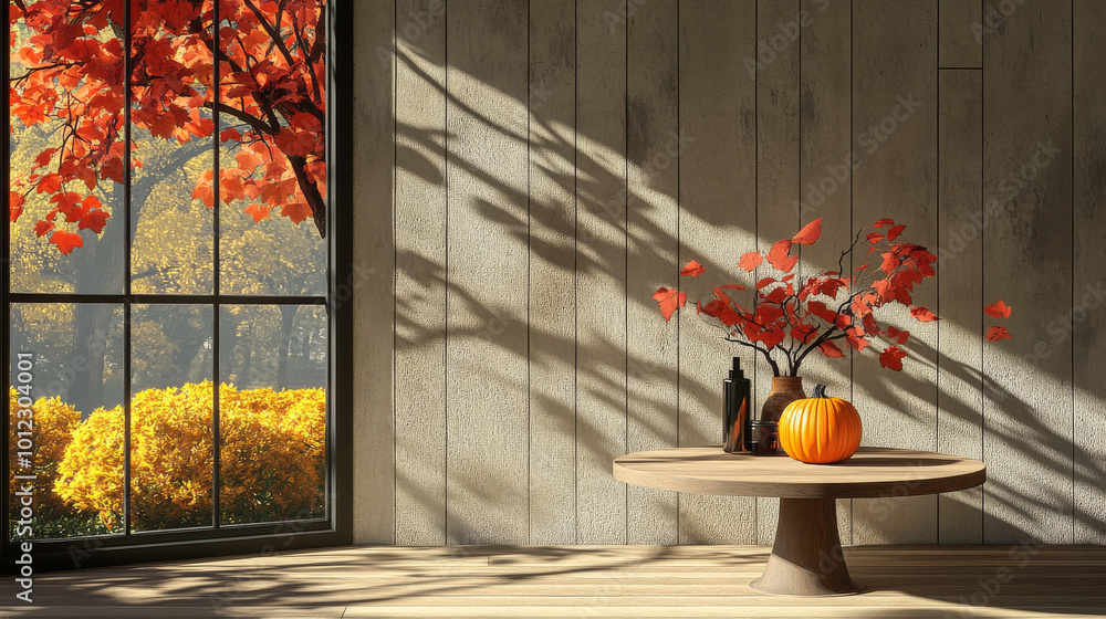 Wall mural Autumnal still life with a pumpkin, vase, and fall leaves.