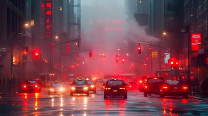City streets' hazy glow reflected in automobile headlights creates a captivating backdrop. 