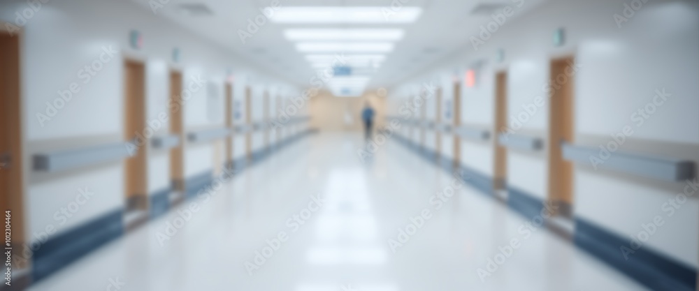 Poster blurred background of a hospital corridor with empty space, light and airy atmosphere, white colors,