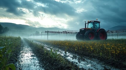 Fototapeta premium A red tractor drives through a field of yellow flowers, spraying water onto the plants as the sun sets.