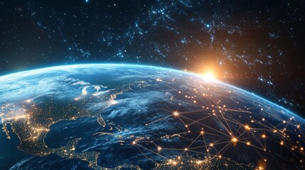 Global view of Earth with network connections, light trails over oceans and continents generative ai
