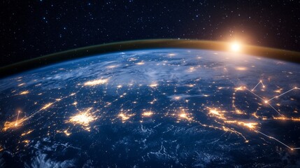 Global view of Earth with network connections, light trails over oceans and continents generative ai
