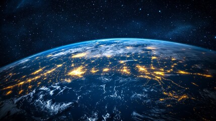 Obraz premium Global view of Earth with network connections, light trails over oceans and continents generative ai