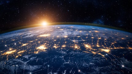 Global view of Earth with network connections, light trails over oceans and continents generative ai