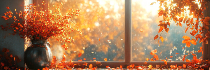Obraz premium Golden leaves fall outside a window, with a vase of autumnal flowers on the sill.