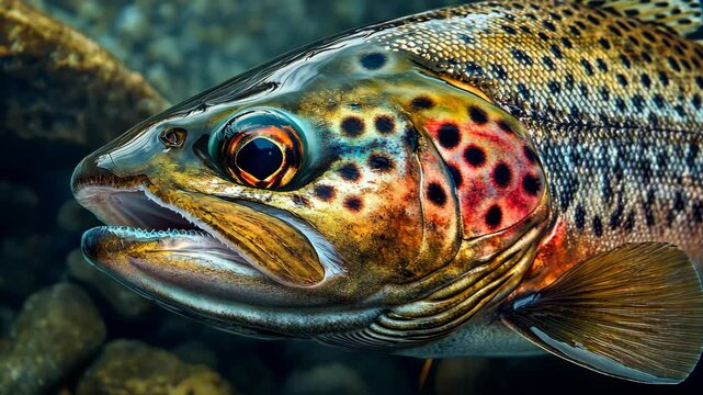 A close-up of a brown trout swimming in a clear river