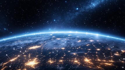 Global view of Earth with network connections, light trails over oceans and continents generative ai